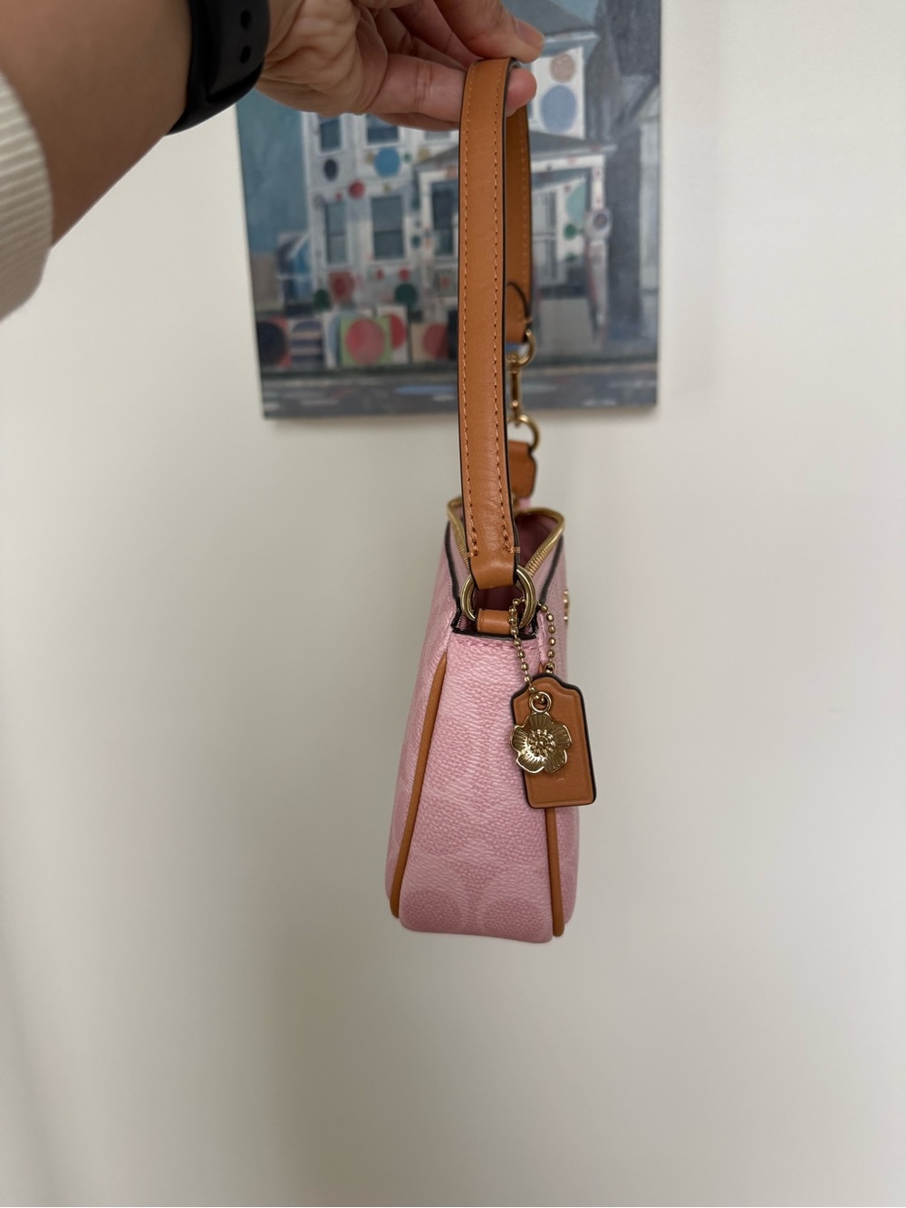 Coach Pink Signature Mini Shoulder Bag with Brown Trim - Picture 3 of 5